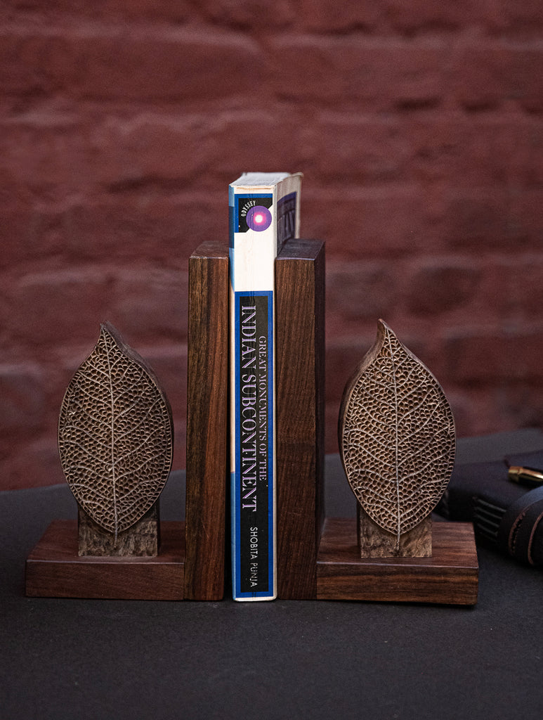 Nazakat. Exclusive, Fine Hand Engraved Wood Block Book Ends (Set of 2) - The Leaf