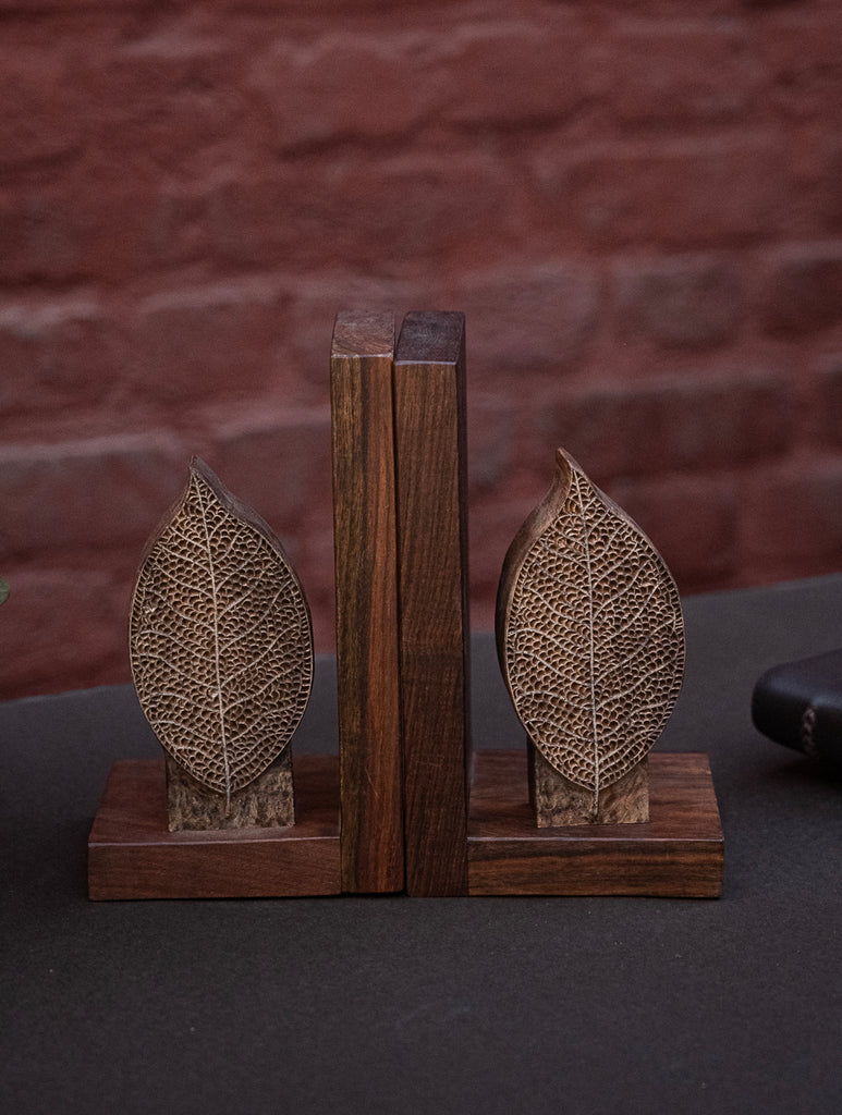 Nazakat. Exclusive, Fine Hand Engraved Wood Block Book Ends (Set of 2) - The Leaf