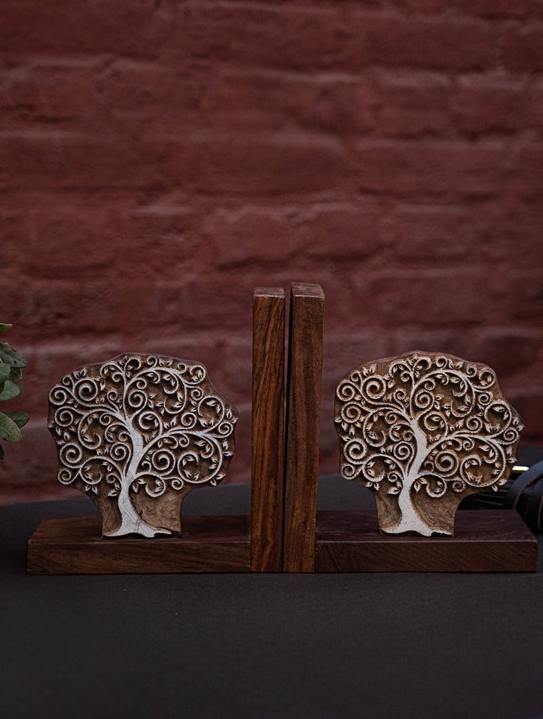 Nazakat. Exclusive, Fine Hand Engraved Wood Block Book Ends (Set of 2) - Tree of Life