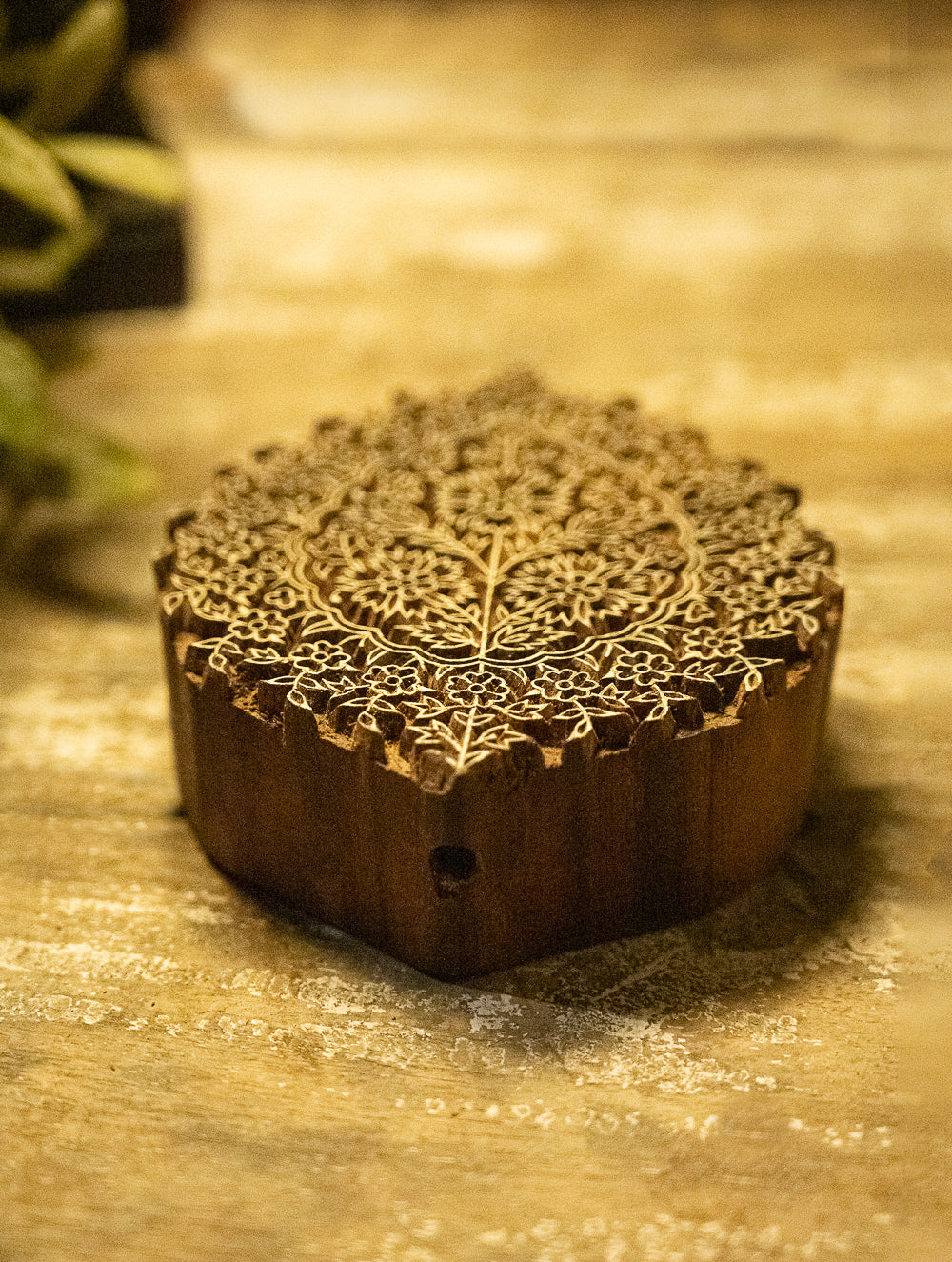 Nazakat. Exclusive, Fine Hand Engraved Wood Block Curio - Floral Ornate