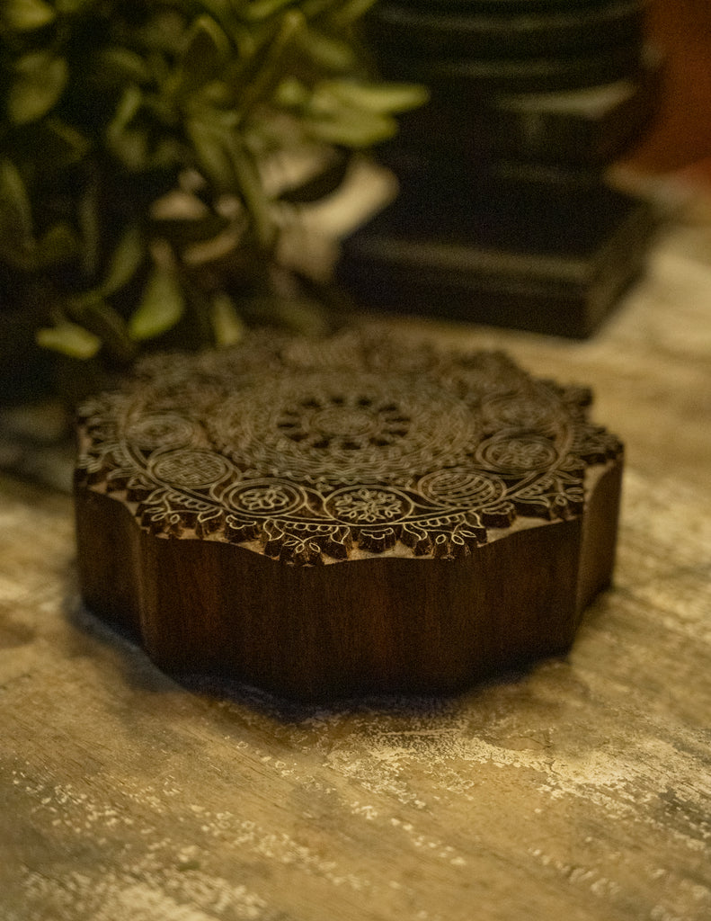 Nazakat. Exclusive, Fine Hand Engraved Wood Block Curio - Mandala