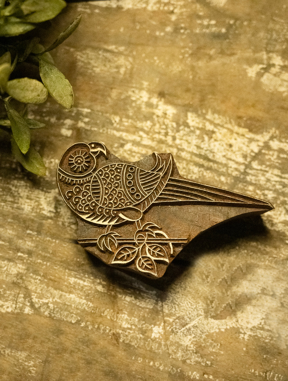 Nazakat. Exclusive, Fine Hand Engraved Wood Block Curio - Parrot & Branch