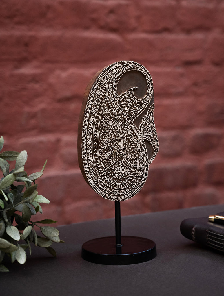 Nazakat. Exclusive, Fine Hand Engraved Wood Block Curio / Wall Piece - Paisley