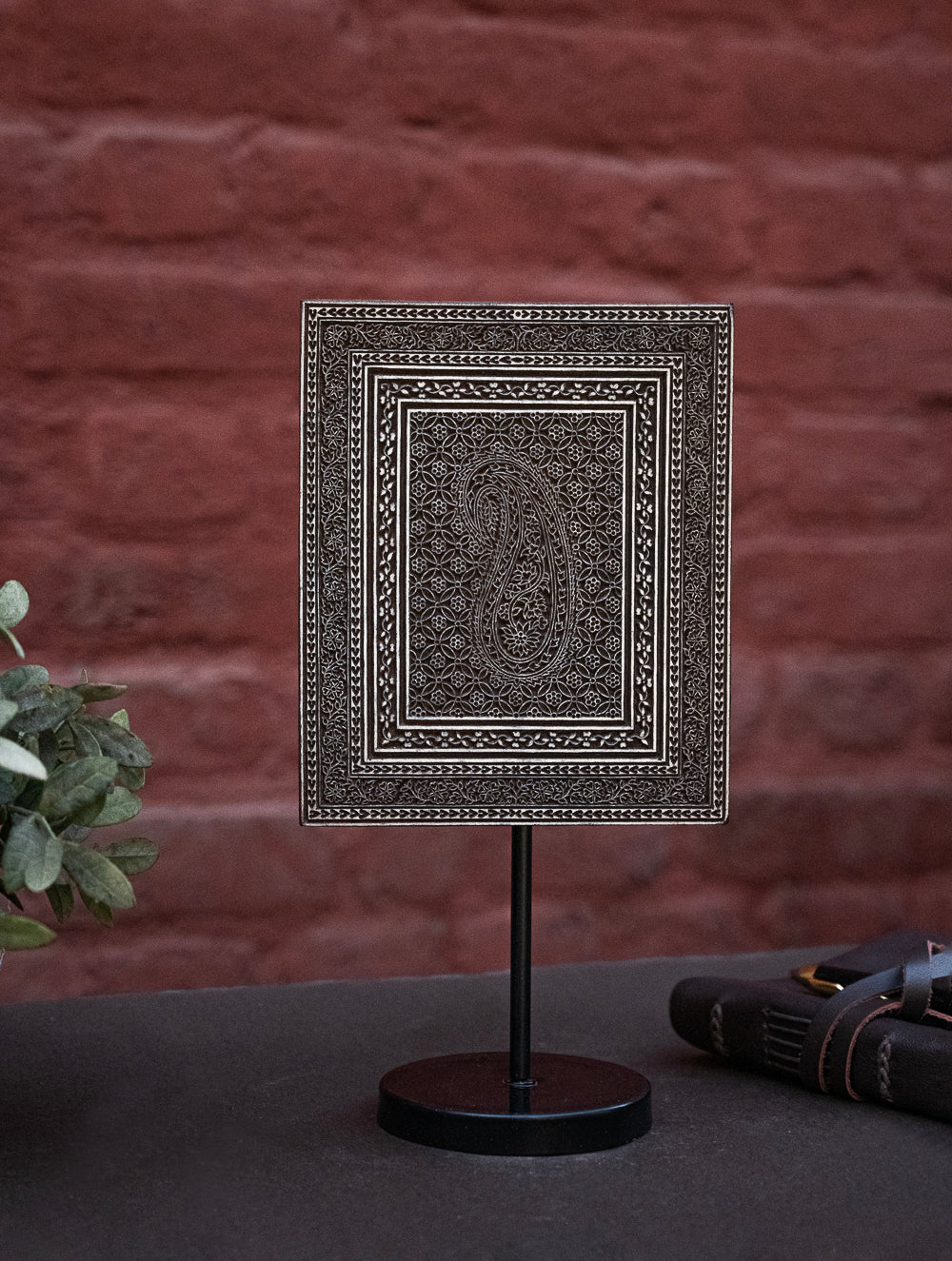 Nazakat. Exclusive, Fine Hand Engraved Wood Block Curio / Wall Piece - Paisley, Rectangular