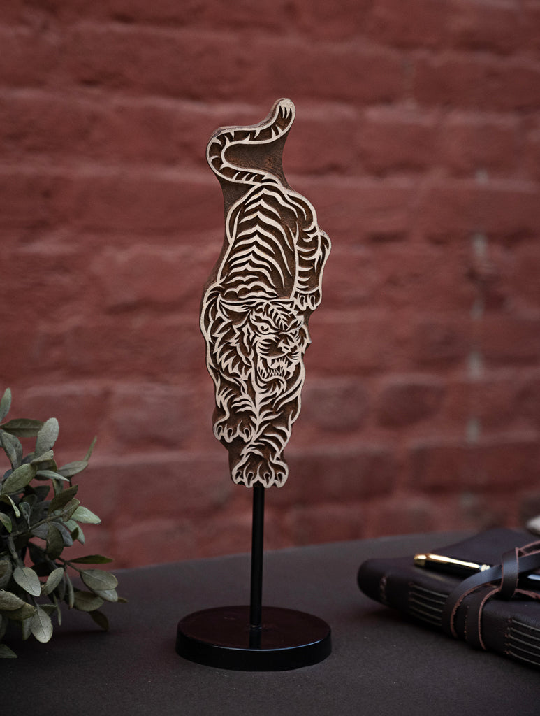 Nazakat. Exclusive, Fine Hand Engraved Wood Block Curio / Wall Piece - The Tiger