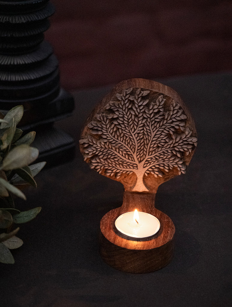 Nazakat. Exclusive, Fine Hand Engraved Wood Block Tealight Holder - The Tree Of Life