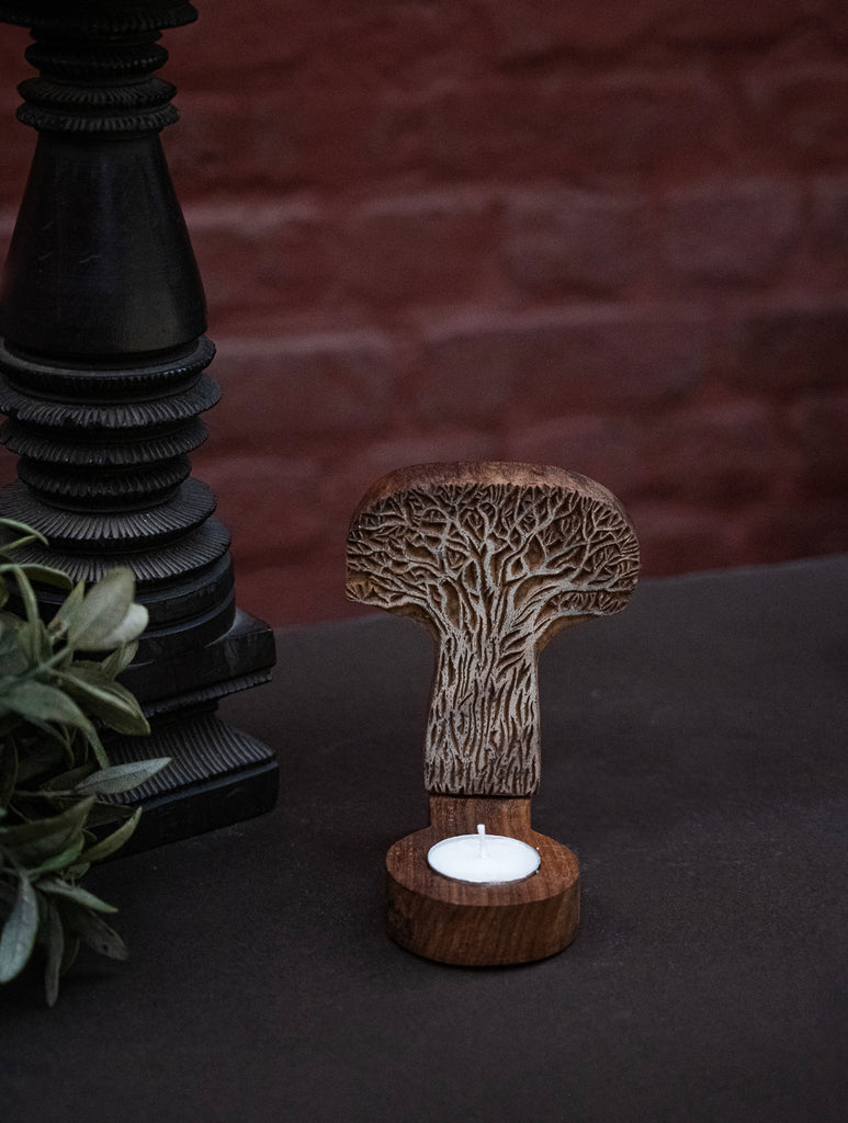 Nazakat. Exclusive, Fine Hand Engraved Wood Block Tealight Holder - Tree Of Life