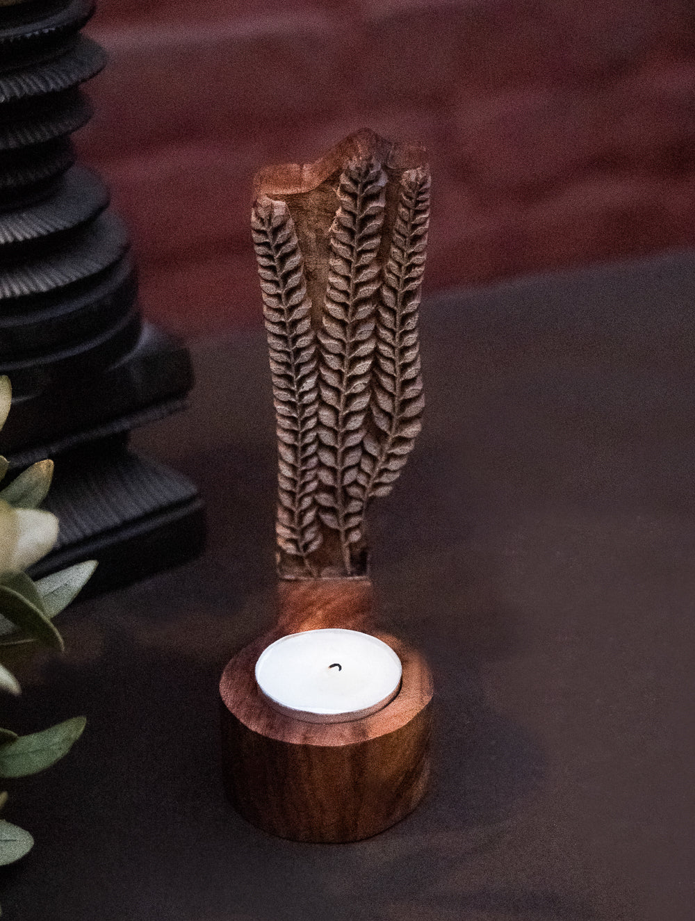 Load image into Gallery viewer, Nazakat. Exclusive, Fine Hand Engraved Wood Block Tealight Holder - Vines