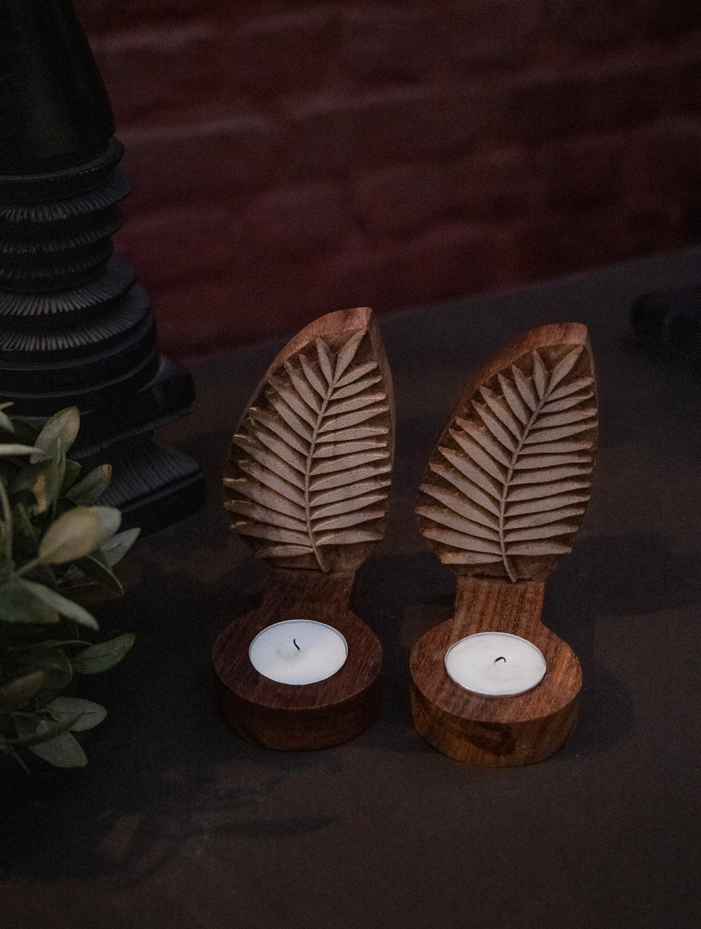 Nazakat. Exclusive, Fine Hand Engraved Wood Block Tealight Holders (Set of 2) - Leaf