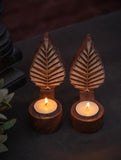 Nazakat. Exclusive, Fine Hand Engraved Wood Block Tealight Holders (Set of 2) - Leaves