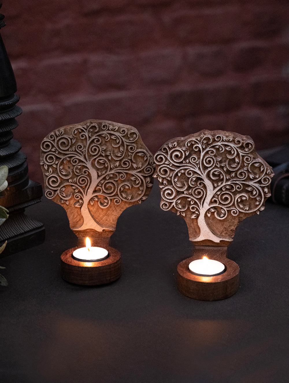 Load image into Gallery viewer, Nazakat. Exclusive, Fine Hand Engraved Wood Block Tealight Holders (Set of 2) - Tree Of Life