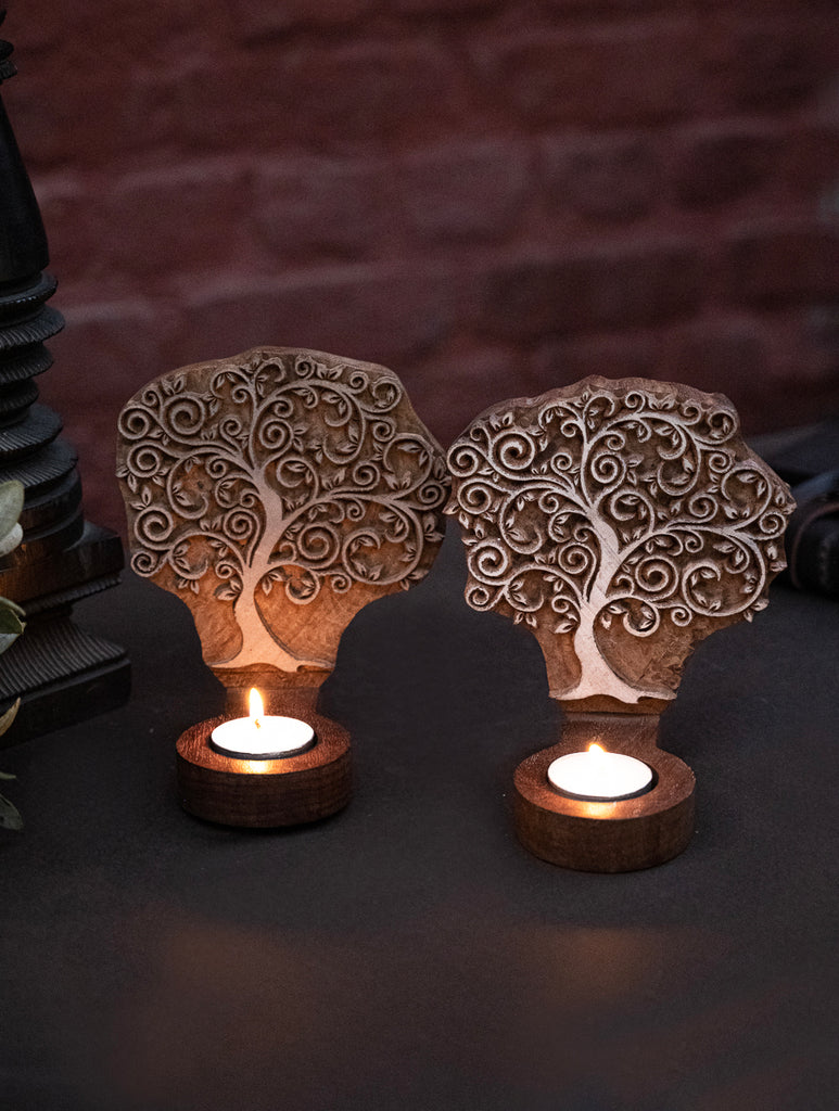 Nazakat. Exclusive, Fine Hand Engraved Wood Block Tealight Holders (Set of 2) - Tree Of Life