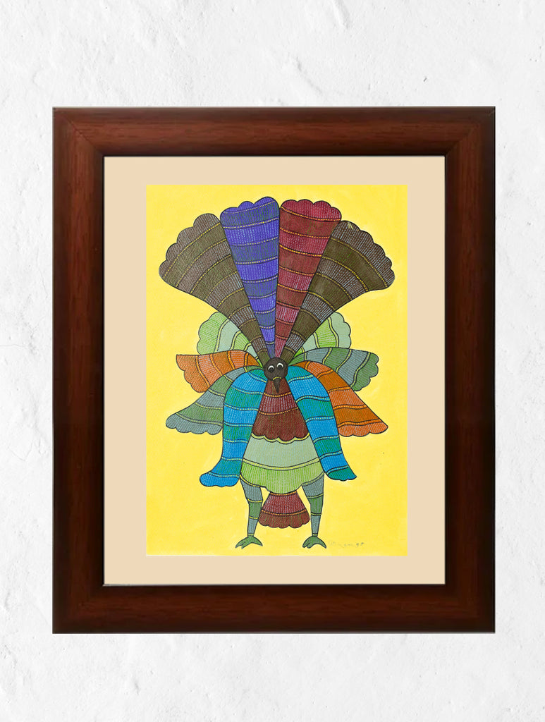 Original Gond Art Painting - A Resplendent Peacock (Unframed 16.5" x 11.7")