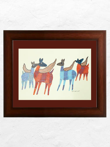 Original Gond Art Painting - Deer Emissaries (Unframed, 16.5