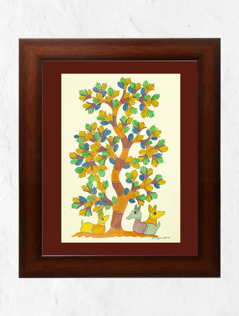 Original Gond Art Painting - Fawn & Tree of Life (Unframed, 11.7" x 8.3")