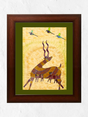 Original Gond Art Painting - Songbirds and Stags (Unframed, 11.7