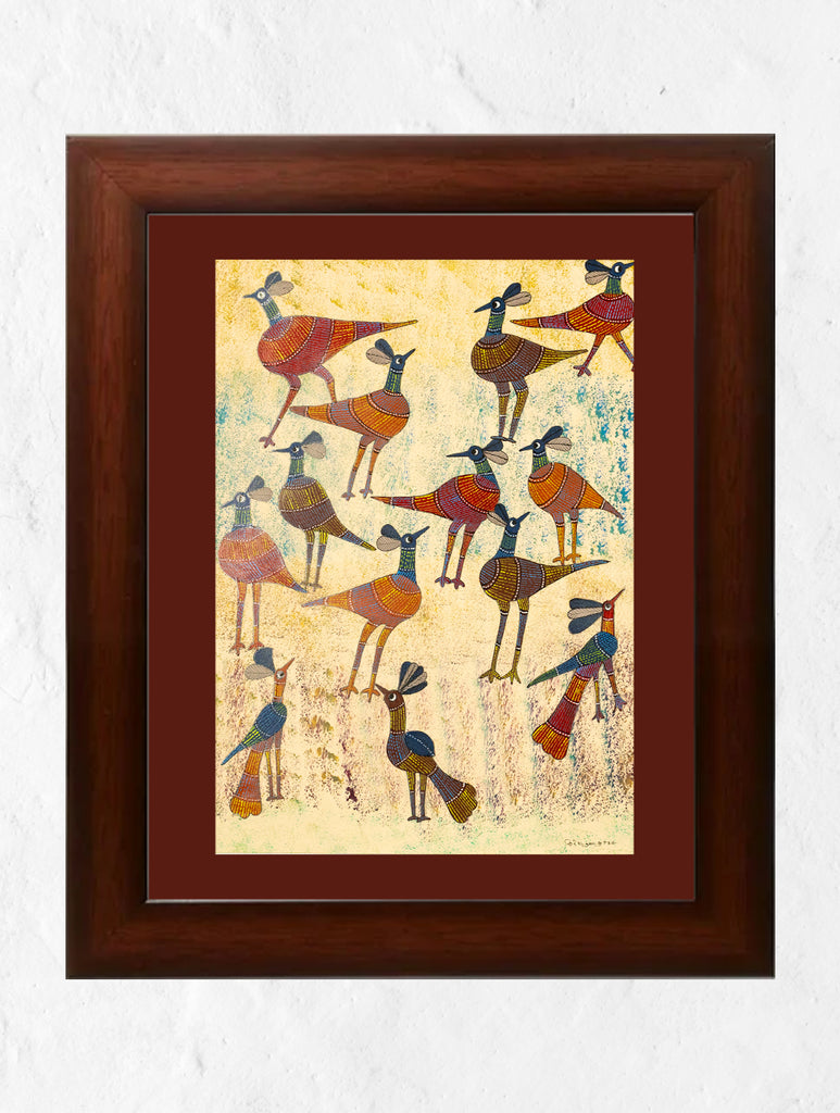 Original Gond Art Painting - Symphony of Birds (Unframed, 11.7" x 8.3")