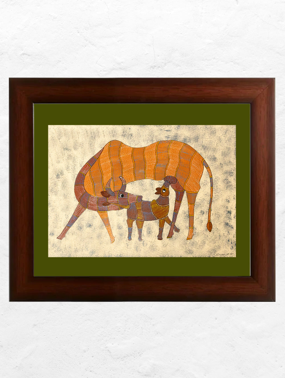 Original Gond Art Painting - The Cow-Calf Dyad (Unframed 16.5" x 11.7")