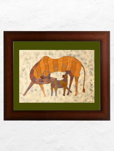 Original Gond Art Painting - The Cow-Calf Dyad (Unframed 16.5