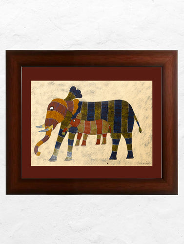 Original Gond Art Painting - The Elephant-Calf Dyad (Unframed, 16.5
