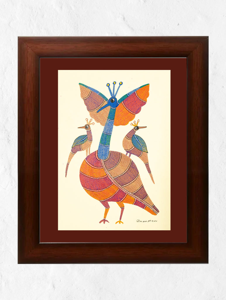 Original Gond Art Painting - The Peacock Matriline (Unframed, 11.7" x 8.3")