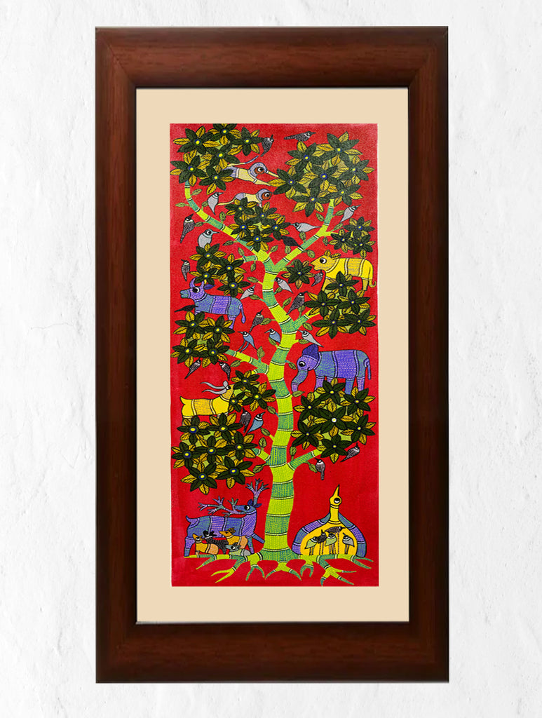 Original Gond Art Painting - The Silent Sentinel (Large, Unframed 3ft x 1ft)