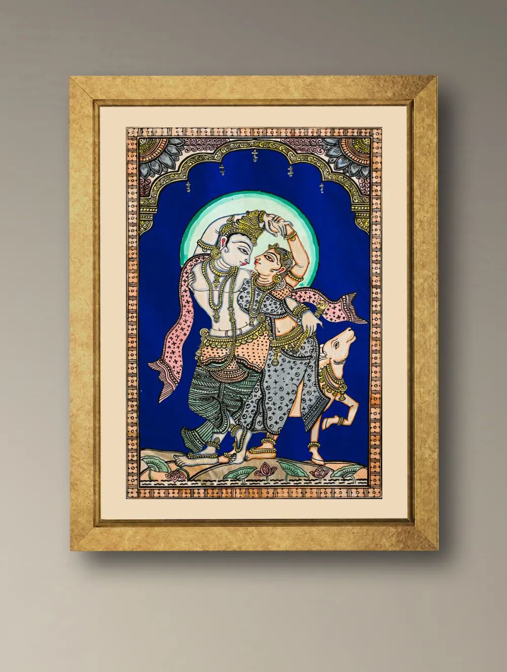 Load image into Gallery viewer, Handpainted Pattachitra Silk Painting - Nritya Madhava (Unframed with mount 20.5" X 14")