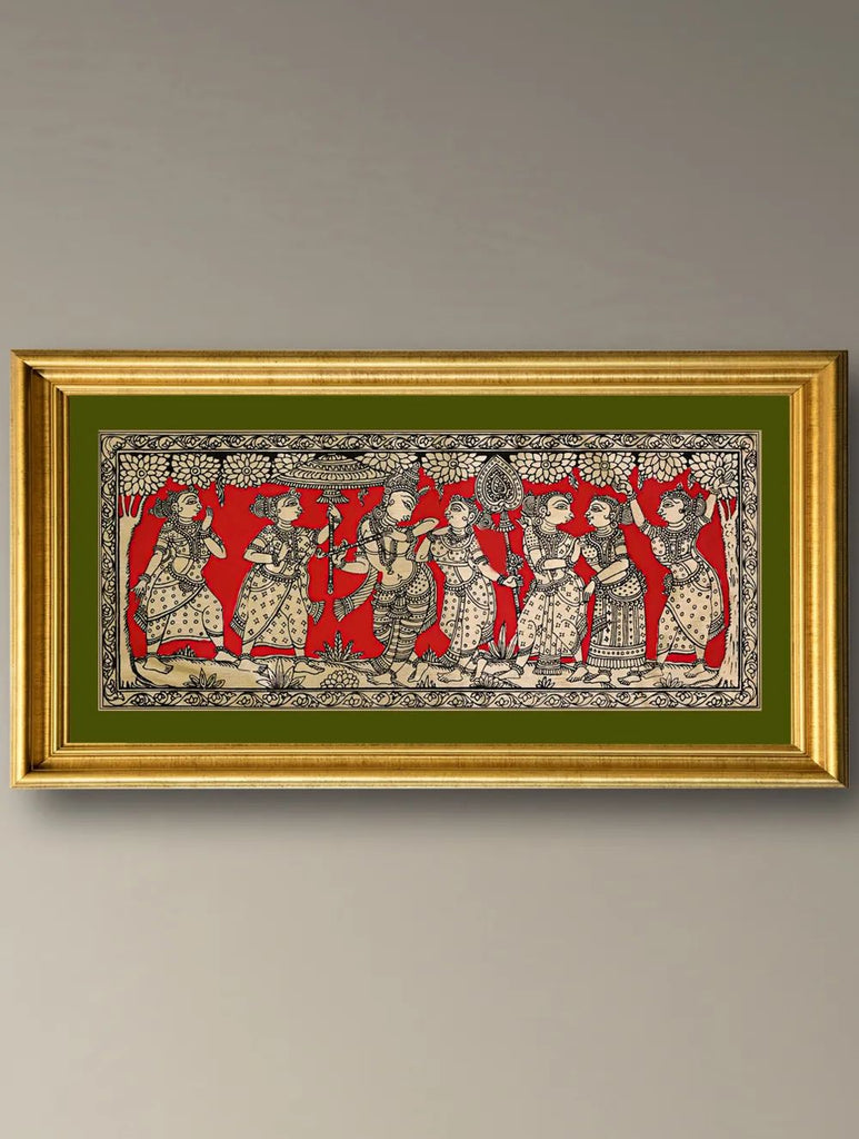 Handpainted Pattachitra Silk Painting - Rakta Raas (Unframed with mount 9.5" X 20.5")