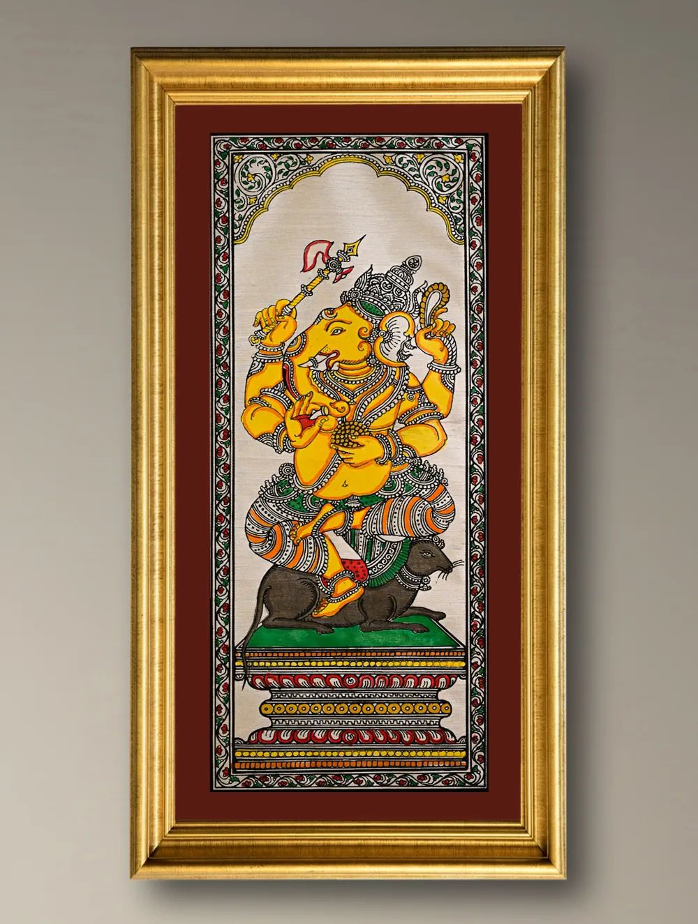 Load image into Gallery viewer, Handpainted Pattachitra Silk Painting - Vignaharta (Unframed with mount 20.5" X 9")