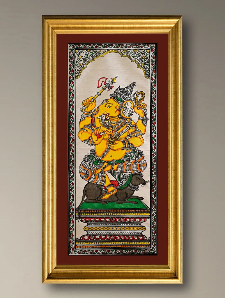 Handpainted Pattachitra Silk Painting - Vignaharta (Unframed with mount 20.5" X 9")