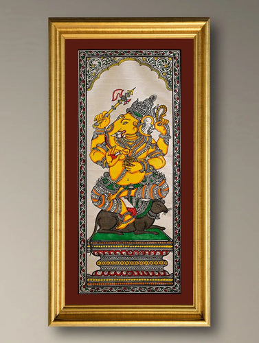 Handpainted Pattachitra Silk Painting - Vignaharta (Unframed with mount 20.5