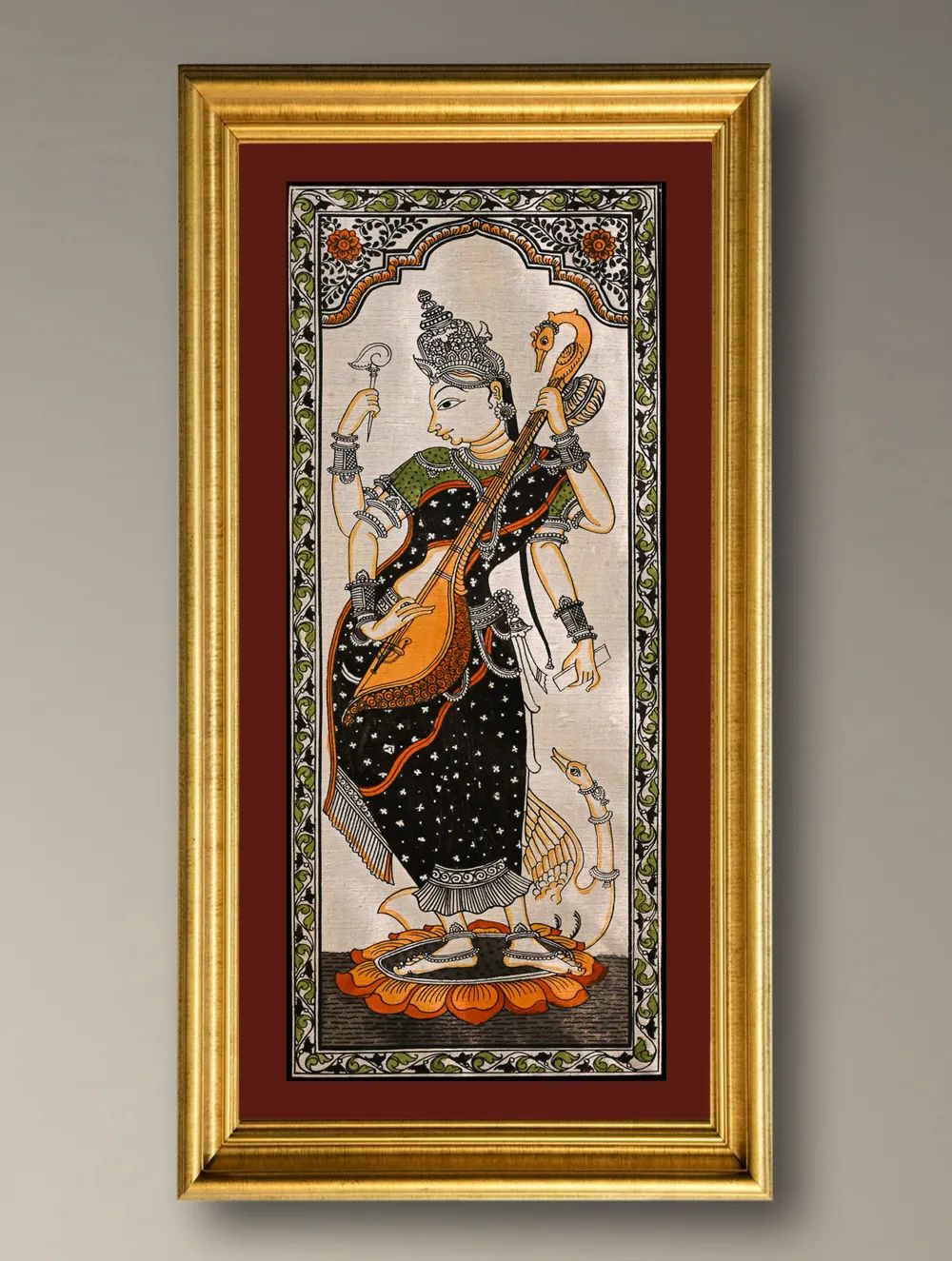 Load image into Gallery viewer, Handpainted Pattachitra Silk Painting - Veena Vadini (Unframed with mount 20" X 10")