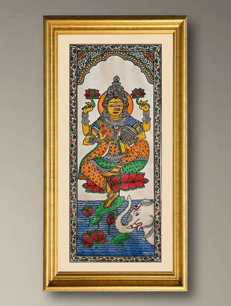 Handpainted Pattachitra Silk Painting - Kamala (Unframed with mount 20.5" X 9.5")
