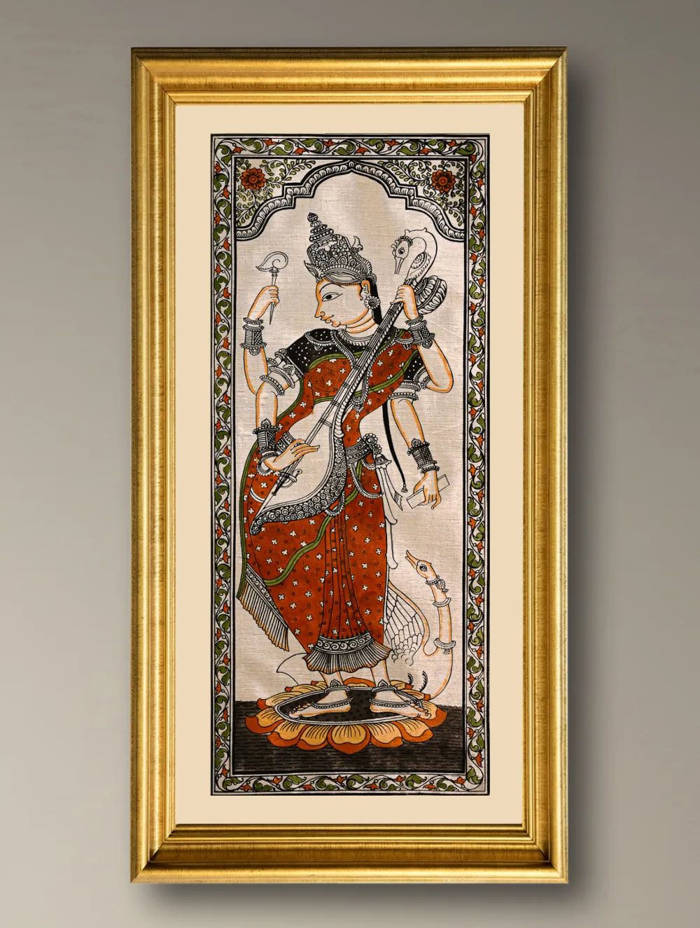 Load image into Gallery viewer, Handpainted Pattachitra Silk Painting - Veena Vilasini (Unframed with mount 20" X 10")
