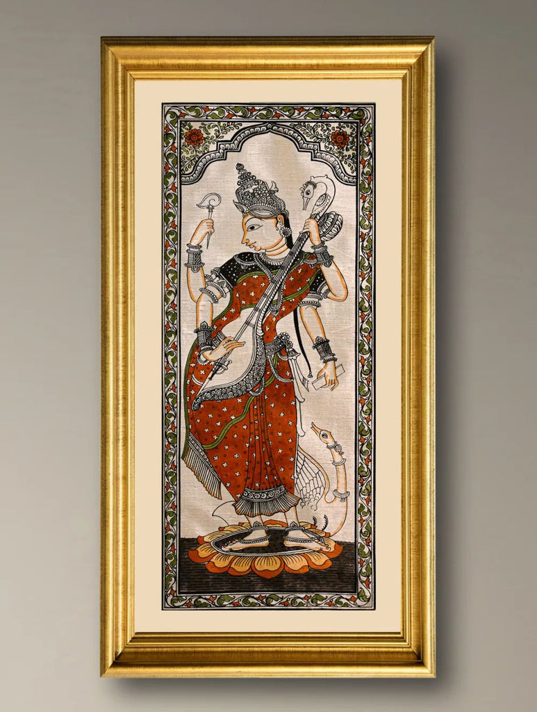 Handpainted Pattachitra Silk Painting - Veena Vilasini (Unframed with mount 20" X 10")