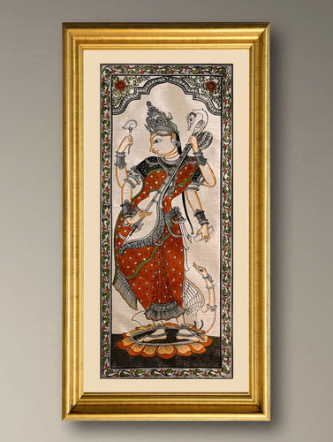 Handpainted Pattachitra Silk Painting - Veena Vilasini (Unframed with mount 20