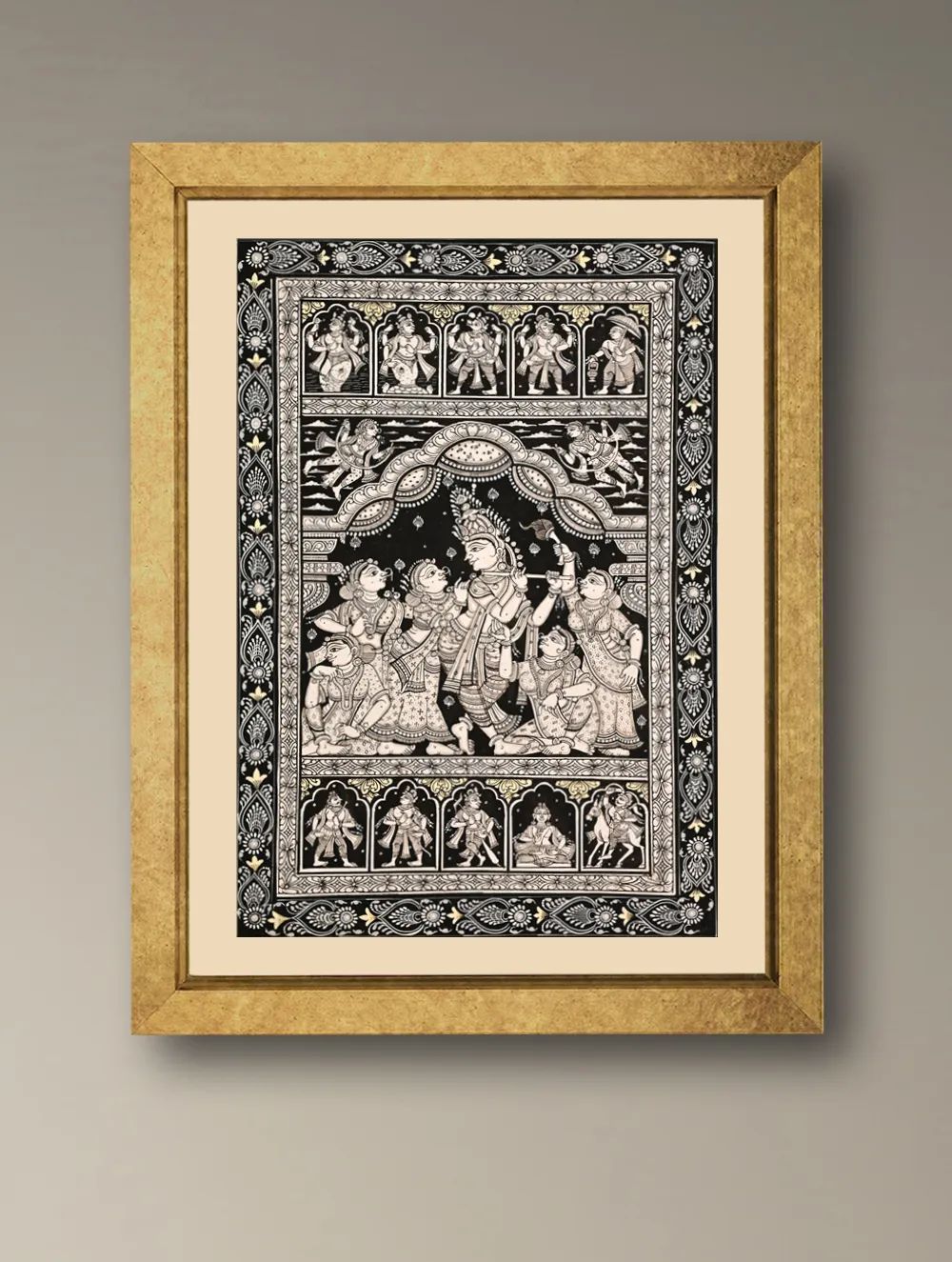 Handpainted Pattachitra Silk Painting - Raas Vilaasa (Unframed Height-19" ; Width-13")