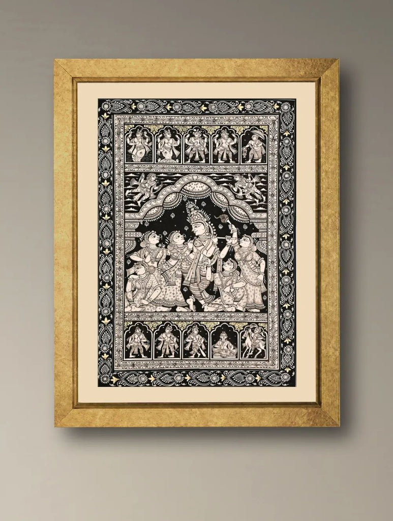 Handpainted Pattachitra Silk Painting - Raas Vilaasa (Unframed Height-19" ; Width-13")
