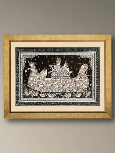 Handpainted Pattachitra Canvas Painting - Naukha Vihar (Unframed Height-19