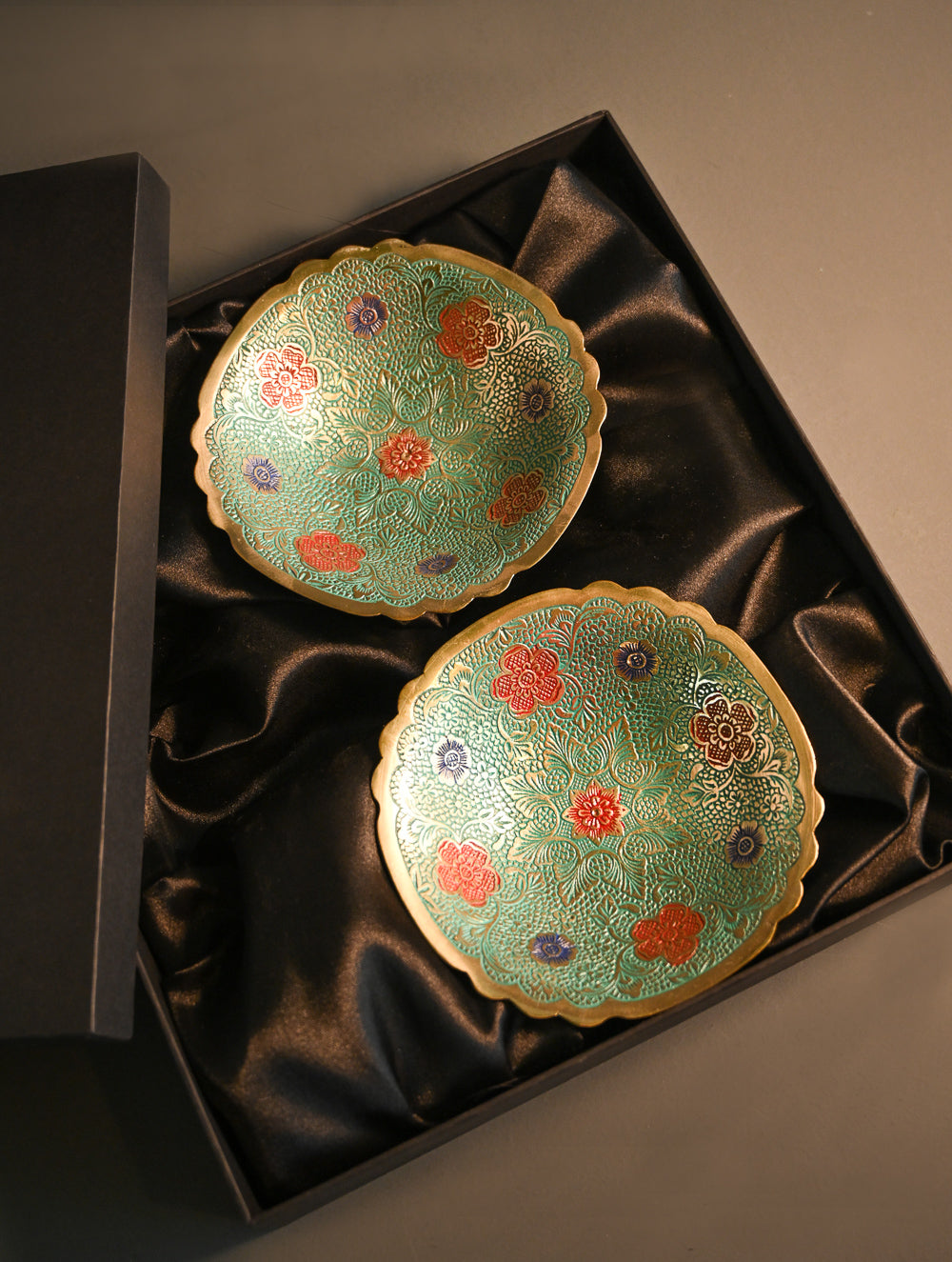 Brass Engraved Bowls - A Turquoise Garden (Set of 2)