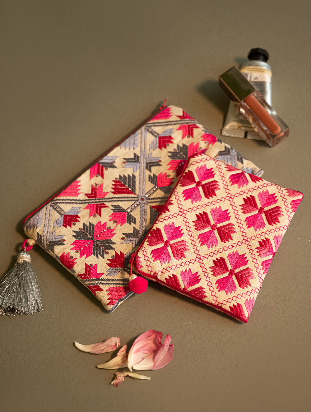 Load image into Gallery viewer, Phulkari Coin Pouch and Wallet - Blush &amp; Ash (Set of Two)