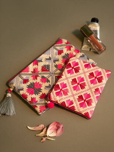 Phulkari Coin Pouch and Wallet - Blush & Ash (Set of Two)