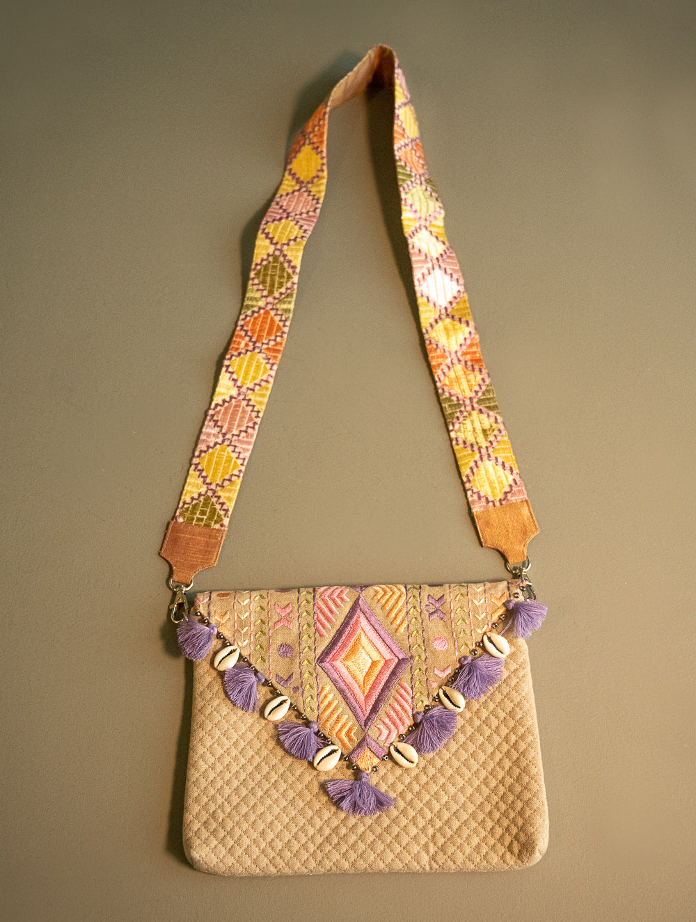 Load image into Gallery viewer, Phulkari Sling Bag - Lilac Diamonds 