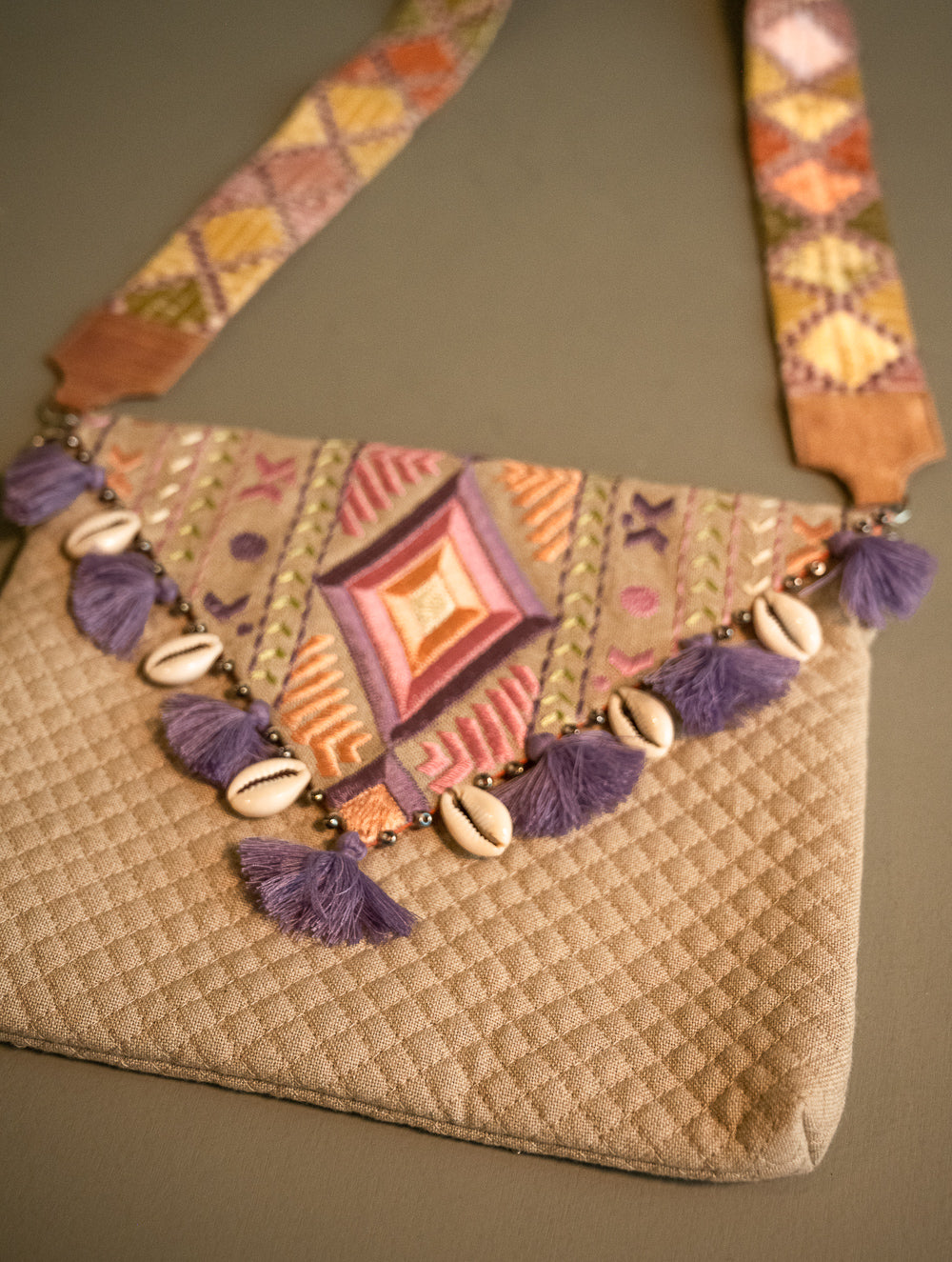 Load image into Gallery viewer, Phulkari Sling Bag - Lilac Diamonds 