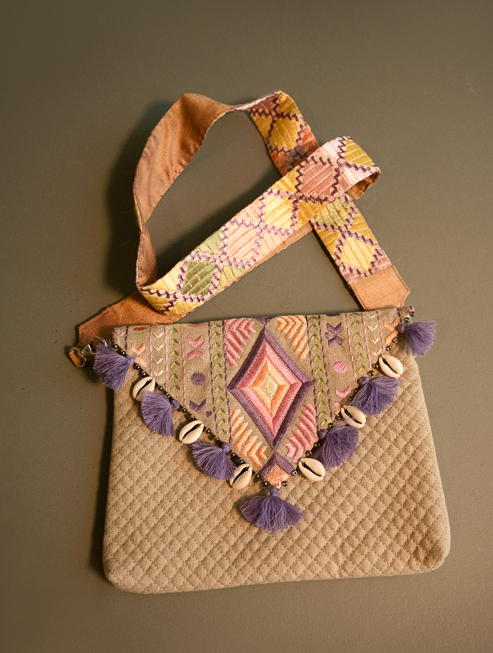 Load image into Gallery viewer, Phulkari Sling Bag - Lilac Diamonds 