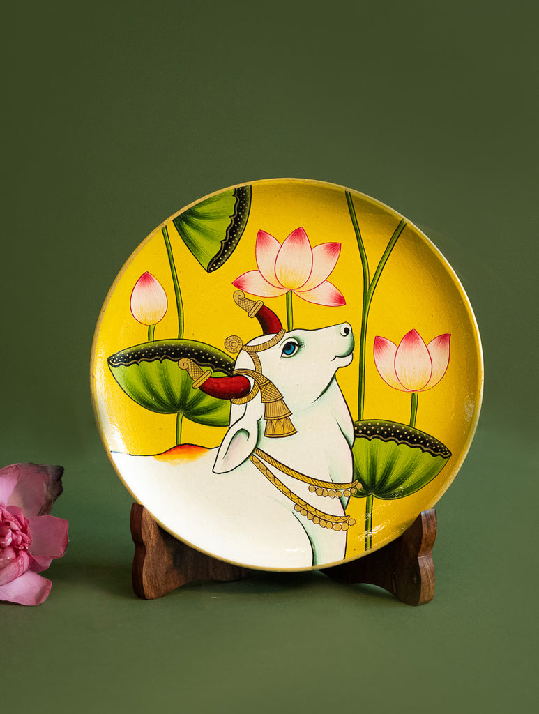 Pichwai Art Wooden Wall Plate / Table Curio - Kamdhenu
