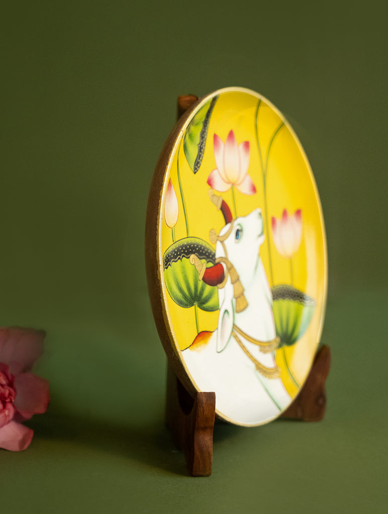 Pichwai Art Wooden Wall Plate / Table Curio - Kamdhenu