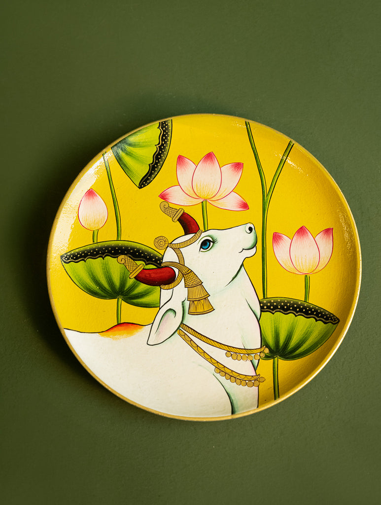 Pichwai Art Wooden Wall Plate / Table Curio - Kamdhenu