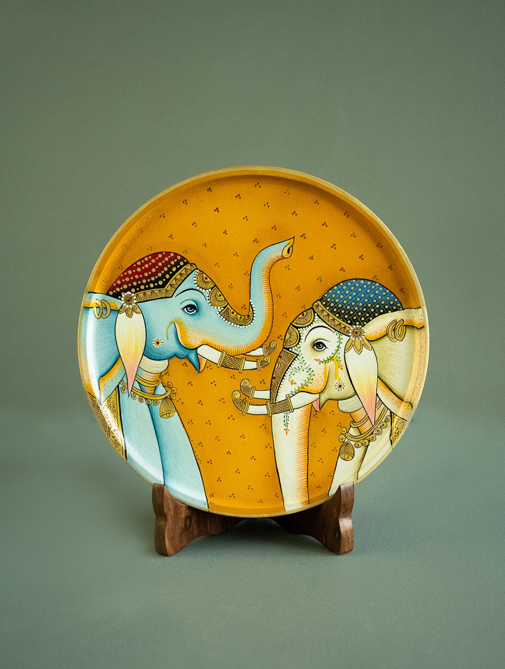 Load image into Gallery viewer, Pichwai Art Wooden Wall Plate / Table Curio - The Elephants