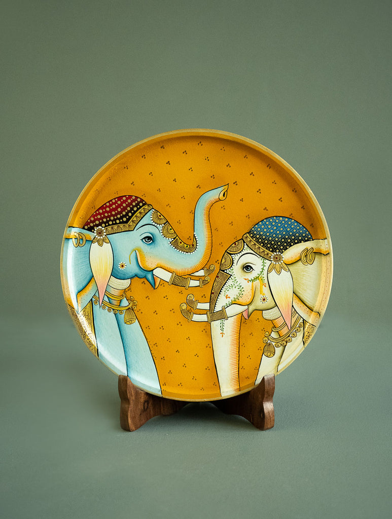 Pichwai Art Wooden Wall Plate / Table Curio - The Elephants